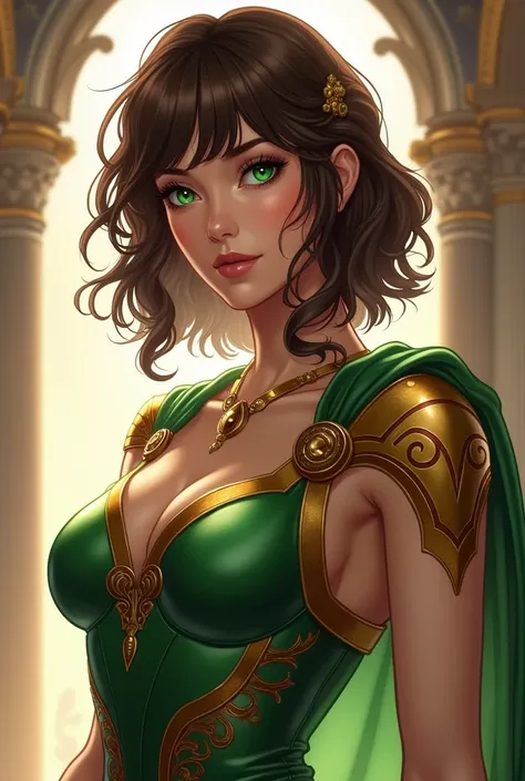 Create me an image in the Korean manwha fanart style with a woman of Greek origin with green eyes and medium-short brown hair with bangs with a cold look with a voluptuous and muscular body and tall with the beauty of a goddess wearing short Amazonian armo...