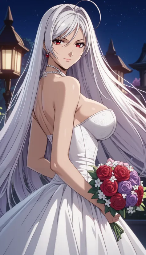 vampire moka akashiya, long hair, red eyes, ahoge, white hair, large breasts, wedding dress, light smile, hold a bouquet with both hands、looking back、looking at viewer、Shiny Hair、Tight waist、Small waist、Glowing Skin、outdoor、mysterious night, in night flowe...