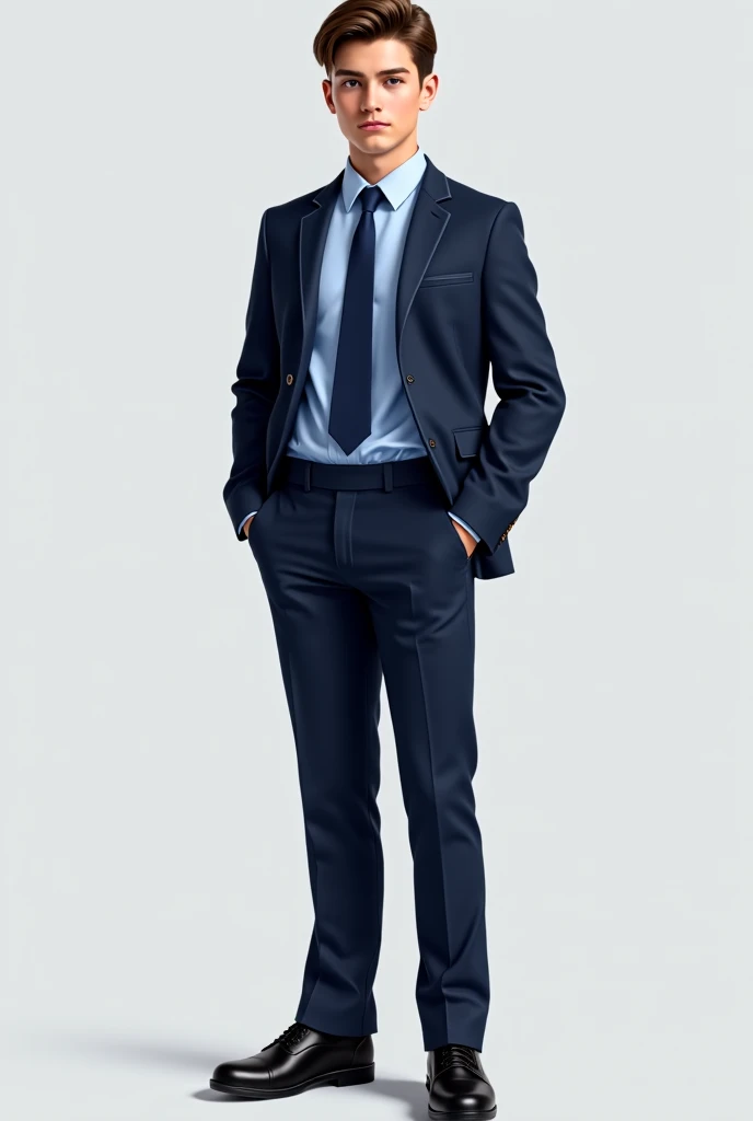 Create the image of a realistic male teenager in a school uniform

The uniform is a very dark blue, a very light blue blouse with blue tie on the pants , black sneakers, and background png 