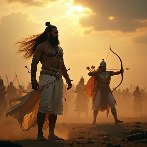 Prompt:
"A hyper-realistic 4K ultra HD image depicting the intense kurukshetra scene during the Mahabharata war, where Bhishma Pitamah stands tall, unwavering against a storm of arrows fired by Arjuna. Bhishma is as a majestic and indomitable warrior, wear...