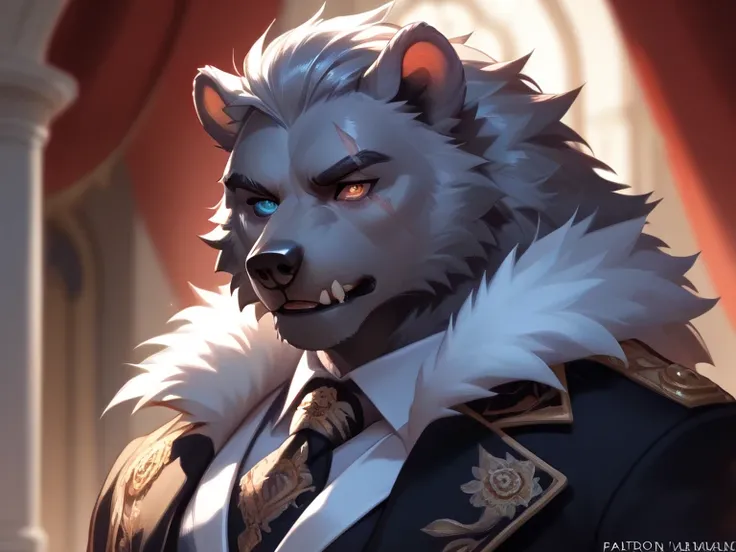 a Furry werewolf with silver fur scar on his eye heterochromia or eyes of a different color wounds on his face with a bear with black fur and with great elegant clothes!