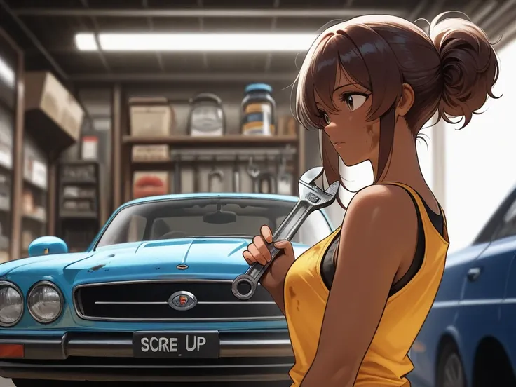 (master piece),(best quality),shoot from side, animation-style character design ,upper body, beautiful girl with dark brown skin , costume combining a tank top and a car mechanic , standing in front of the hood of a retro car , working towards an open hood...