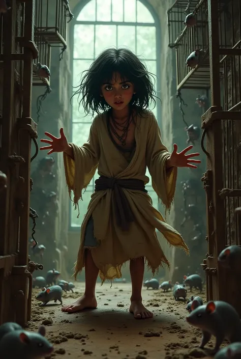 A young teenager with Egyptian features wearing short and patchwork robes in a state of panic and fear in the middle of the lobby of a dilapidated house with cages full of rats and mice around it 