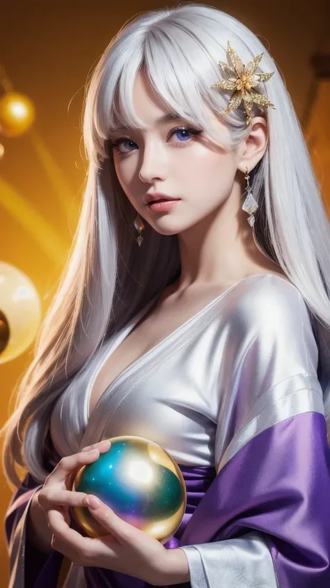 (masterpiece: 1.3), (8k, photorealistic, raw photo, highest quality: 1.4), (single woman), beautiful face, (realistic face), (long hair), (silver hair, almost white hair, shiny hair, beautiful straight hair), (even bangs), (sharp bangs), straight hairstyle...