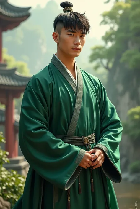 nice guy,  short dark tousled hair,  clean-shaven ,  strong build, High, Ancient China, hanfu green ,  full length 