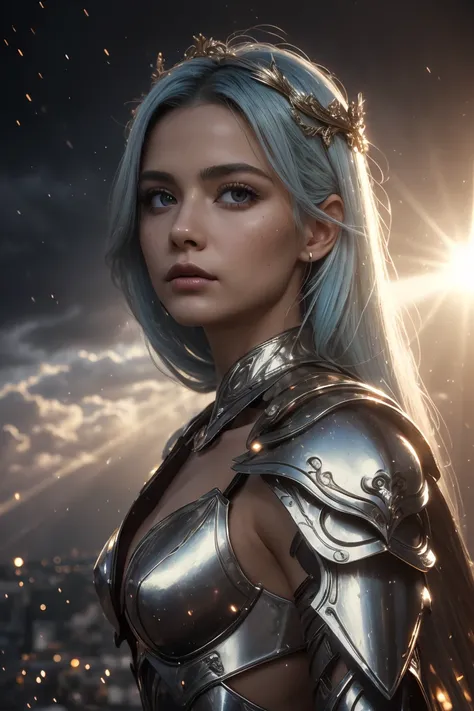 ((Best quality, 8k, Masterpiece: 1.3)), Sharp focus A beautiful woman with perfect body, Highly detailed face and skin texture, (Detailed eyes), Angel, winged angel, steel-armored angel, armed angel, light blue hair, messy long hair, hair over shoulder, ha...