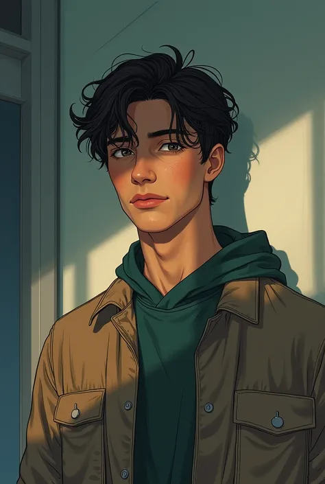  The model is a sexy tan skinned manwha man in layered sweaters, fall attire, in a dimly lit break room, His clothes are disheveled and he is blushing with a wry smile. secretive. breath {{{best quality}}}, {1man}, depth of field, {game cg},angular face, a...