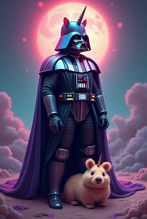 Darth vader con traje arcoíris de unicornio con un capybara kawaii 