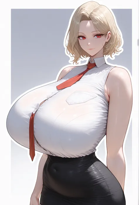 (masterpiece, high resolution, 2k resolution, best quality), (1girl, perfect anatomy, perfect face),
((Blonde hair), short hair), (red eyes, perfect eyes), white shirt, red tie, Tube skirt), Narrow shoulders,
((standing, erect standing),
(expressionless, l...