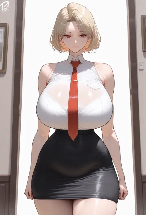 (masterpiece, high resolution, 2k resolution, best quality), (1girl, perfect anatomy, perfect face),
((Blonde hair), short hair), (red eyes, perfect eyes), white shirt, red tie, Tube skirt), Narrow shoulders,
((standing, erect standing),
(expressionless, l...