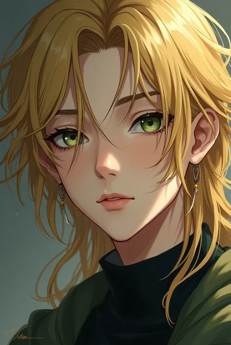 Create an image of an anime man , WITH FRECKLES, Olive green eyes and long blond hair