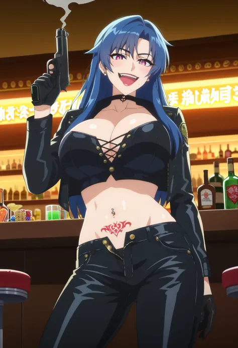 score_9, score_8_up, score_7_up, anime screencap, source_anime, 1girl, solo,
KJOgrace2, blue hair, pink eyes, slit pupils, long hair, mole under mouth, , black gloves, black choker
 seductive smile, blush, laughing, open mouth,
(Beautiful, large Breasts:1....