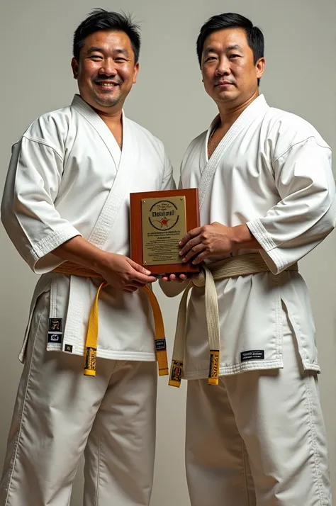 there are two men standing next to each other holding a plaque, white belt, wearing a white gi, belts & velcro galore, gold belt, many belts, huge belt, white uniform, waist - shot, karate outfit, big belt, middle shot waist up, belt, kim jung gi style, cl...