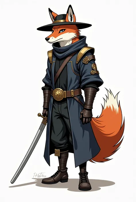 sketches of a man in a costume with a sword and a hat, an anthropomorphic cyberpunk fox, kitsune inspired armor, anthropomorphic cat ninja, husky in shiny armor, (inktober), fox and bush, inspired by Kawabata Ryūshi, an anthropomorphic fox, anthropomorphic...