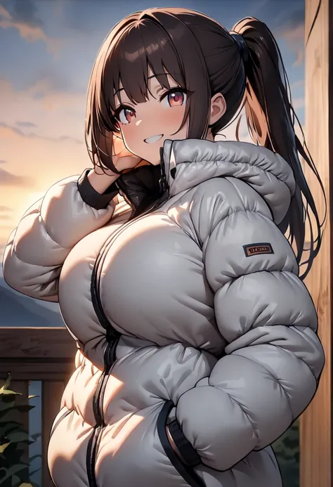 (  Masterpiece  ,   top quality :1.2), (((One anime girl))) , (((Alone))),   expressive eyes ,  sexy,  Down Jacket, ((( dark hair ponytail))). ((( straight hair))), (smile), (((Reddish brown eyes))), Asahi mountaintop, (Big Breasts), 嬉しそうなsmile, Admiring t...