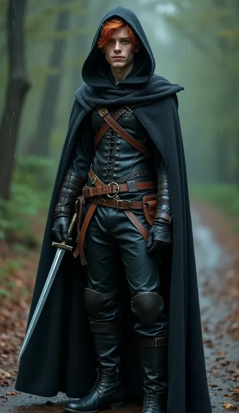 Ginger haired teenage man, matured looking no beard wearing a dark colored hooded cloak, a leather bodice and. Leather Pants, multiple belts and straps. a pair of daggers. dark sturdy boots. Dark Fantasy, raining aesthethic. 