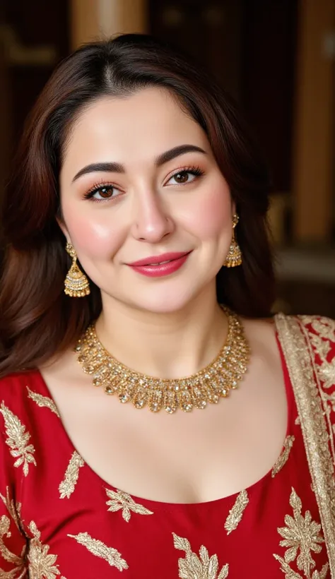 Masterpiece, hyper realistic, voluptuous Pakistani actress (Hania Amir),wearing a  traditional pakistani dress in a marriage hall, detailed looks(smiling with dimples), with intricate details of the iris and lashes, voluptuous body and Her honey-colored ey...