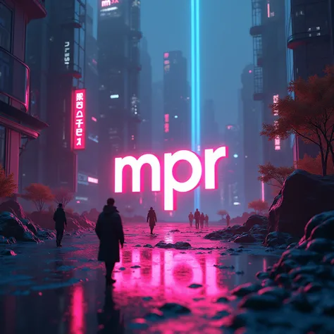 A 3D-rendered futuristic cityscape featuring a glowing, stylized MPR logo prominently displayed in the foreground. The scene blends character art inspired by Mikoláš Aleš and Emiliano Di Cavalcanti, showcasing intricate detail and bold, expressive lines. M...