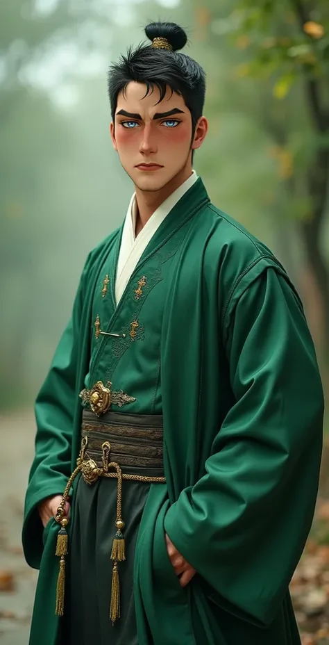 nice guy,  short dark tousled hair,  clean-shaven ,  strong build, High, Ancient China, hanfu green ,  full length 