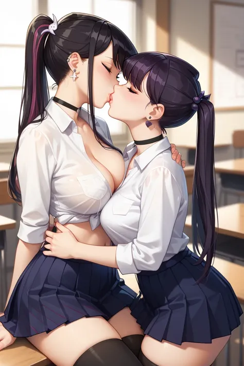 masterpiece, best quality, highly detailed, ultra high res, Komi Shouko kissing Kitagawa Marin, 2girls, ((mutiple girls)), Komi Shouko, Kitagawa Marin, hair ornament, glossy lips, large breasts, white shirt, pleated miniskirt, thigh highs, school field, po...