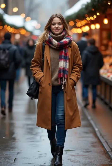 A woman walking through a bustling winter market wearing a high-neck fair-trade sweater, an oversized plaid scarf, and a knee-length coat made from recycled materials. She wears black vegan leather boots and carries a small backpack.
