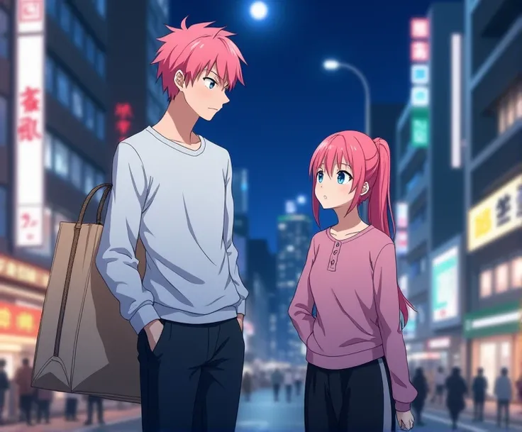  An older anime brother who is 25 years old and a sister younger than  , anime To love ru,  soft lighting ,  Standing on the sidewalk next to some clothing stores in the center of the city of Shibuya in Tokyo ,  There are people around you during the night...