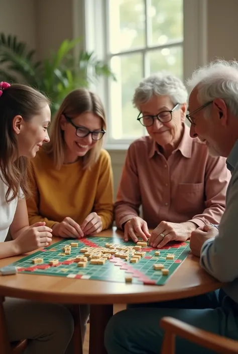 i want u to generate the image with 8yr  ,21 years women , 50 years women , and 70 years man sitting in circle and playing scrabble board game with transparent image