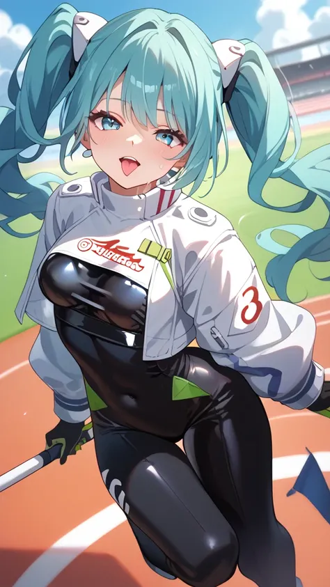 Racing Miku, aqua hair, Black latex bodysuit, Cropped jacket, White jacket, Long sleeve, Two-tone gloves, Thigh-high boots, seductive expression, seductive body language, sweat glistening, blushing, mouth open, tongue out, detailed facial features, intrica...