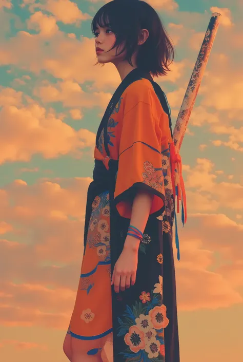 masterpiece、 super detailed 、8k、Jenna Ortega、 「 A stylish and bold illustration of a young blond shorthair woman standing in a confident pose。 black hair、 Braided Pigtails 、 wearing a modern kimono with a striking orange and black color palette 、 is adorne...