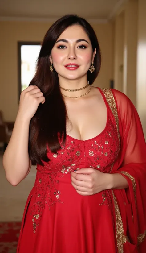 Masterpiece, hyper realistic, voluptuous Pakistani actress (Hania Amir),wearing a  traditional pakistani dress in a marriage hall, detailed looks(smiling with dimples and dancing), with intricate details of the iris and lashes, voluptuous body and Her hone...