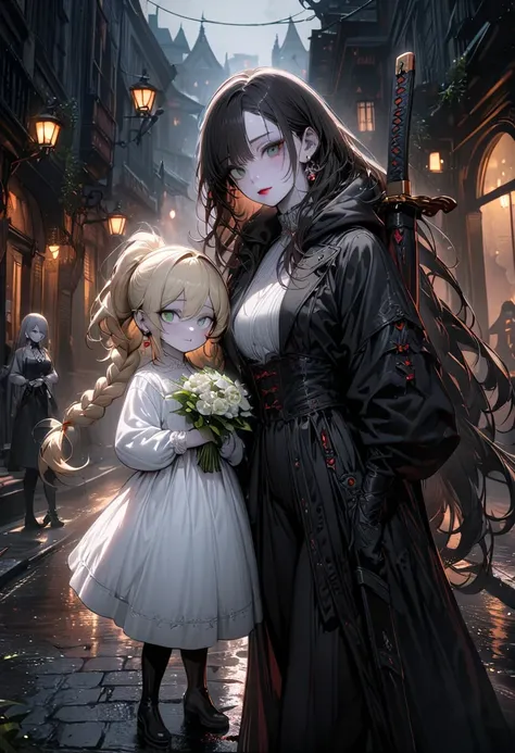 (top quality, 4K, masterpiece :1.3), 2 girls (double eyelid, 1 cute young beautiful asian woman shemale, taller, dark haired, pale skin, grey eyes, asian slanted eyes, long hairs, red lips, dressed, sword held, earring, black leather vampire hunter outfit,...