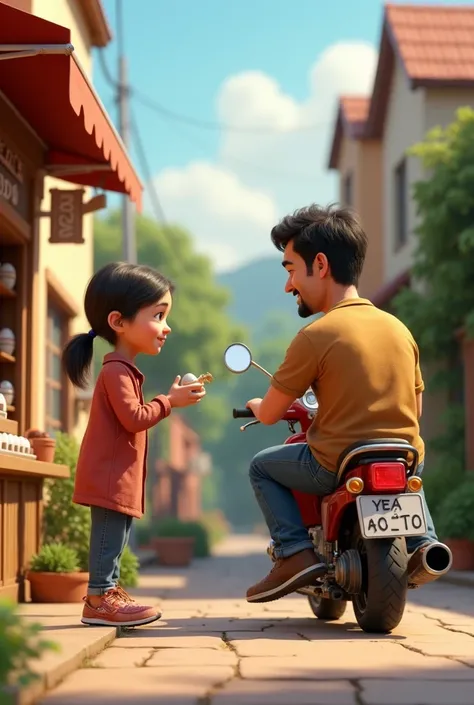 Create 3D Pixar-style animated scene where the father is sitting on a motorcycle parked nearby while the girl purchases eggs and the boy is at the shop counter