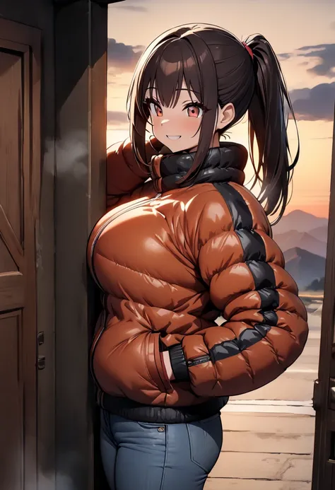 (  Masterpiece  ,   top quality :1.2), (((One anime girl))) , (((Alone))),   expressive eyes ,  sexy,  Down Jacket, ((( dark hair ponytail))). ((( straight hair))), (smile), (((Reddish brown eyes))), Asahi mountaintop, (Big Breasts), 嬉しそうなsmile, Admiring t...