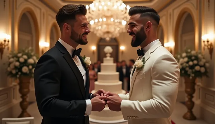  
Two Gay Couple"A realistic ultra-HD image of a marriage scene inside a luxurious wedding house. The setting features elegant decorations, including chandeliers, flowers, and ornate furniture. Two young, medium-built bodybuilders are celebrating their wed...