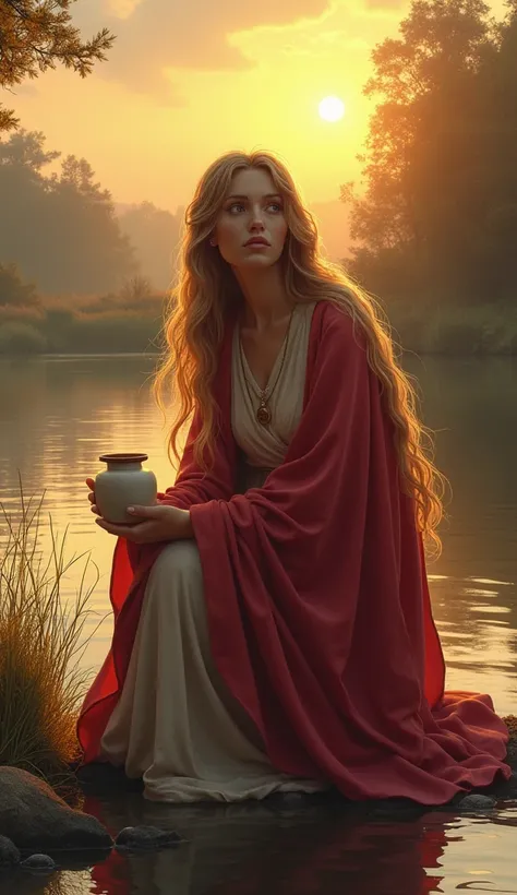 Illustrate Saint Mary Magdalene kneeling by a calm river at sunrise, holding a jar of alabaster. Her mantle is a soft crimson, symbolizing love and repentance, and her flowing hair shines in the morning light. The scene reflects her devotion and transforma...