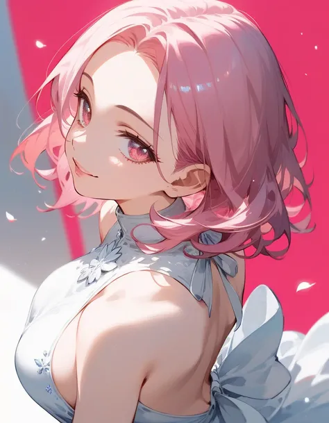 Score_9,Score_8_up,Score_7_up,highest quality, source_anime, highest quality, BREAK detailed lips, 1 girl, cute, 28 years old, (curvy:1.2), (medium hair, asymmetry bangs:1.2), (forehead:1.2), (pink hair, large breasts, pink eyes), (backless dress), smile, looking up, looking back, BREAK (party:1.2), BREAK (high angle, close up face)