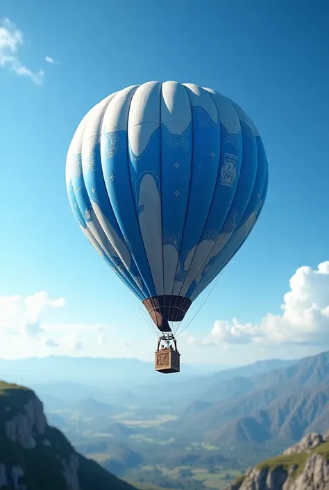 Create me a photo of a blue and white hot air balloon