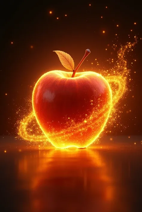 a neon amber apple with fiery particles around it