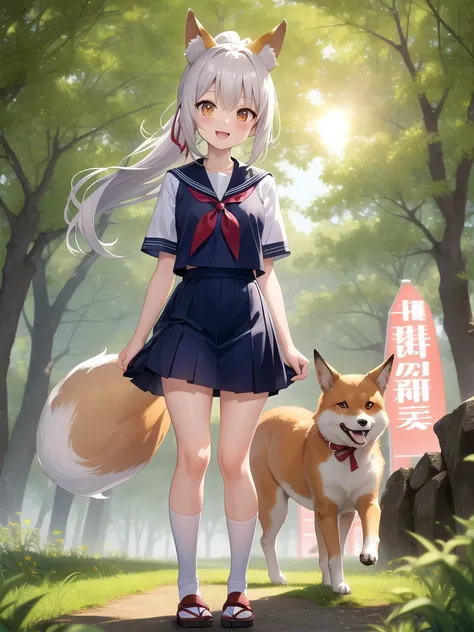  high resolution , , A dog, No wear , Happy, lol, Standing,  watching the audience, Ponytail, blunt cut, Silver Hair, golden eyes,  big eyes,  open eyes ,  fair skin, Red Cliff, , mini skirt, School Uniform, sailor uniform, ribbon,  have fox ears, , Japane...