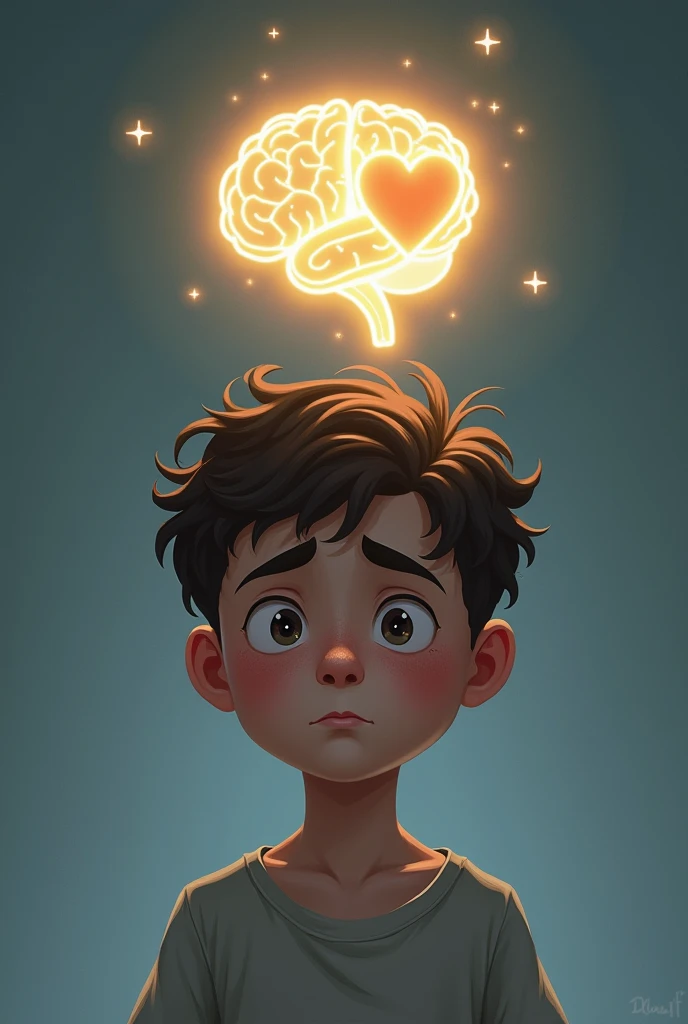 A glowing brain and heart symbol above the sick Alex,a boy with a short, curly, brown hair highlighting the medical impacts of sleep deprivation.