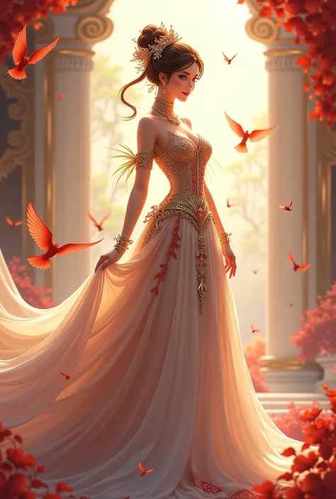 30s woman in dress with long train and birds, solo, front, smiling, animated fantasy artwork, animated fantasy illustration, complex wlop, beautiful animated artwork, beautiful digital artwork, complex decorative anime CGI style, beautiful anime art, exqui...