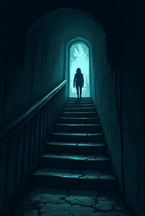 stairs were not visible in the dark, and climbed down the stairs. Create images in cartoon horror 