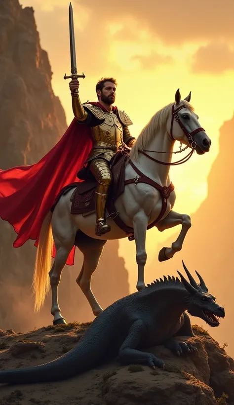 Depict Saint George on horseback, clad in shining armor, holding a gleaming sword. He stands victorious over a defeated dragon in a dramatic rocky landscape. His red cape flows behind him, and the golden light of dawn bathes the scene, symbolizing triumph ...