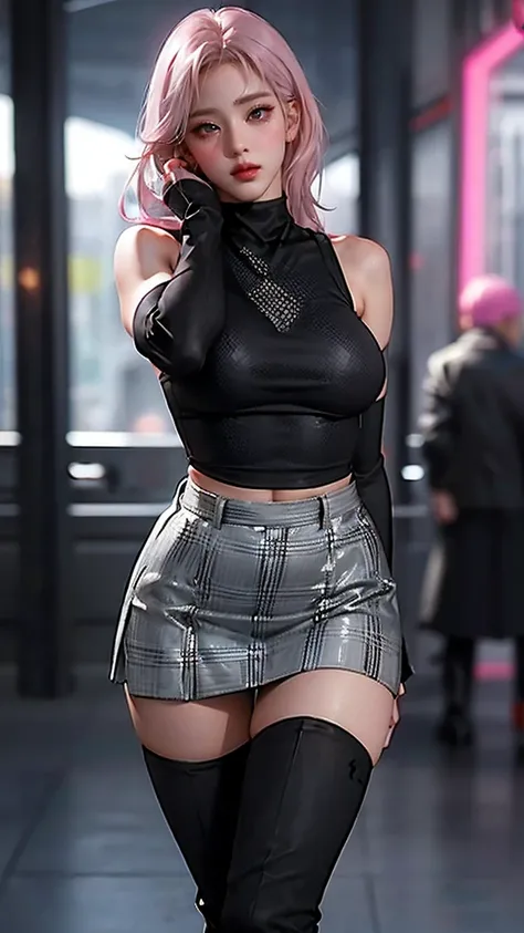 woman,  Pink Grey Hair , Green Eyes,  wearing a black crop top shirt,  Long Black Jacket ,  red check skirt , ( black knee-high boots), black fingerless gloves , exposed shoulders, (whole body), Big breasts Freckles, ,  abs,  watch viewers, masterpiece,  b...