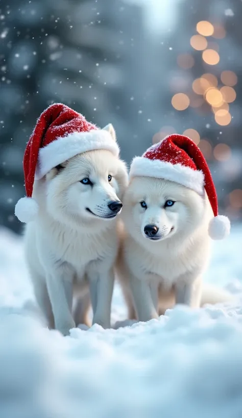 Here’s a detailed prompt for your requested image:

"A captivating scene featuring two cute white wolves standing together in a snowy area, each wearing a festive Christmas hat. The wolves white fur blends beautifully with the soft, snow-covered ground. Th...