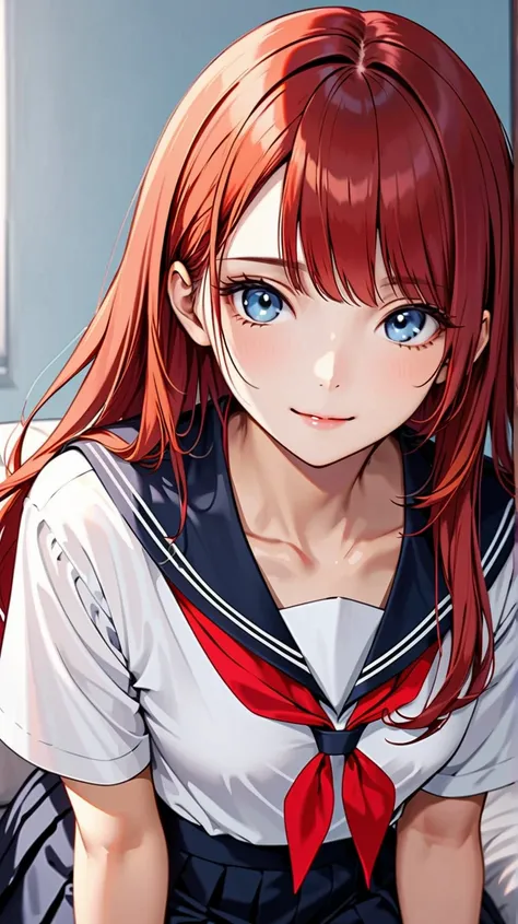 (A 17-year-old girl in sailor uniform: 1.3), (bust shot: 1.3), (beautiful face: 1.5), (detailed face: 1.4), (sharp facial features: 1.3), (gentle smile, calm expression: 1.3), (long hair:1.3), The overall look is elegant, calm, and a bit mature for her age...