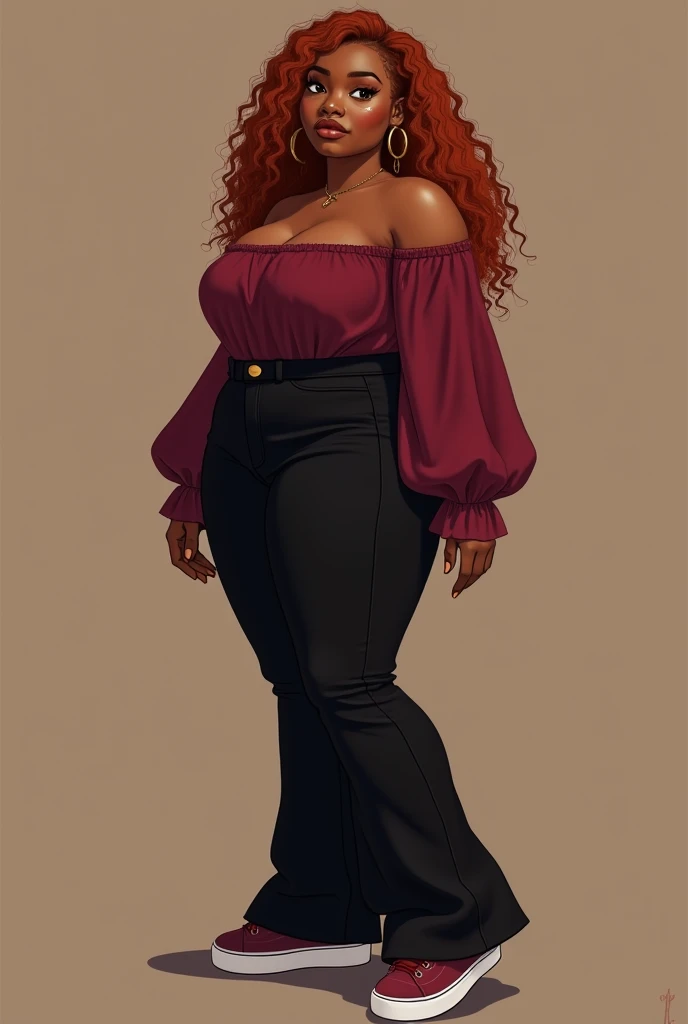 dark-skinned girl is wearing a long sleeved blouse wine-colored blouse that reveals her shoulders, complemented by black flare pants and wine-colored sneakers. Her physique is characterized by a curvy, slightly chubby body type, brown eyes, and beauty mark...