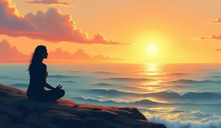 Create a powerful and evocative illustration of a person contemplating the ocean, symbolizing inner journey and self-discovery.
On the left of the image, depict a woman from behind, sitting in a meditation posture and facing a calm and peaceful ocean. Her ...