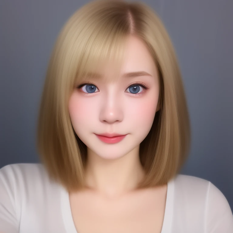 (kawaii 24 year-old Japanese girl), (glossy blonde hair, short bob, blue eyes:1.3), t-shirt, well shaped 
extra small breasts, plain white background, dynamic angle, bust shot, (masterpiece, best quality, photo realistic:1.3), professional lighting, physic...