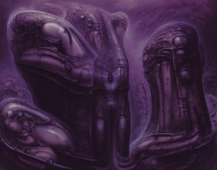 The image depicts a surreal, otherworldly landscape with towering, twisted structures that resemble organic growths or mechanical components. The scene is dark and eerie, with a muted color palette dominated by purples and blacks.Surreal biomechanical horr...